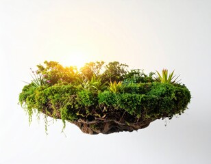 Floating Island Landscape With Green Vegetation And Sunlight On White Background