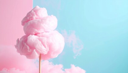 Fluffy Pink Cotton Candy on Stick Against Pastel Pink and Blue Background with Soft Clouds