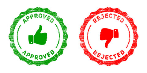 Approved thumbs up seal and rejected thumbs down seal for visual feedback and decision making transparent background © R.TREANDS