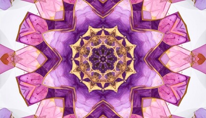 Geometric Kaleidoscope Design in Purple and Gold Tones on White Background