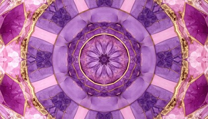 Geometric Kaleidoscopic Design With Shades Of Purple Pink And Gold Centered On White Background
