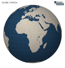 Vector Globe centered to Africa. Steel Blue Light Cream palette. World map with meridians, parallels, countries, rivers and lakes. Modern vector illustration.