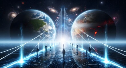 Fototapeta premium Futuristic gateway to parallel worlds with silhouetted figures, cosmic energy, and planetary alignment.