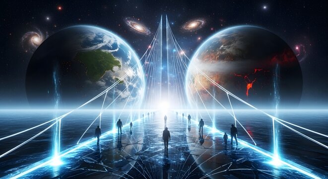 Futuristic gateway to parallel worlds with silhouetted figures, cosmic energy, and planetary alignment.