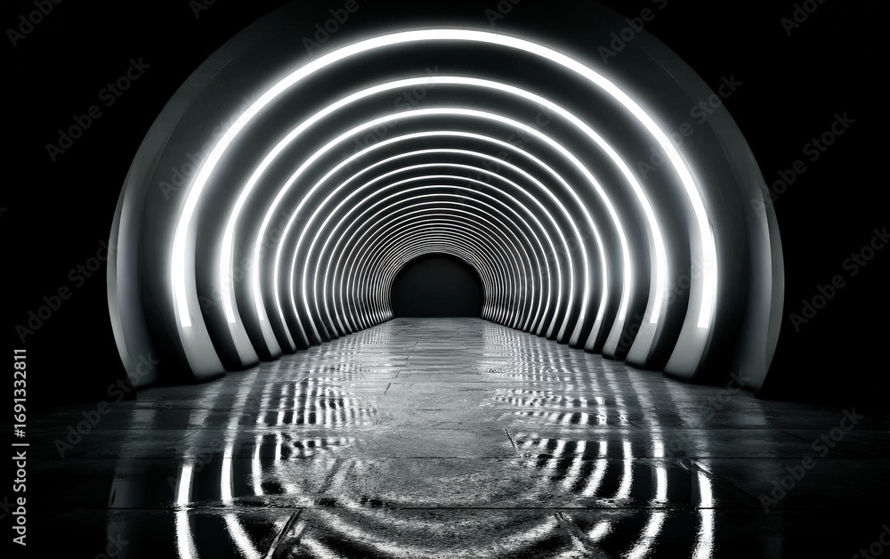 Poster a futuristic tunnel with glowing circular lights creating a modern visual effect