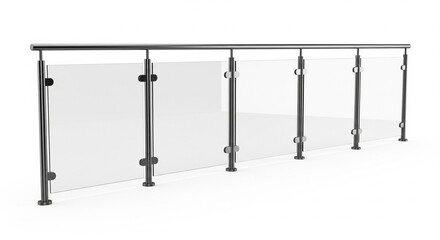 Modern Glass Railing with Stainless Steel Posts, Balcony Barrier Design, Isolated transparent background