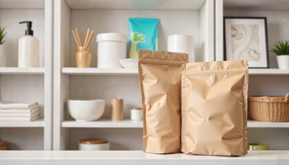 Brown paper bags of compost on a kitchen counter in a minimalist setting with decorative items in the background representing eco-friendly living and sustainable gardening concept of home goods
