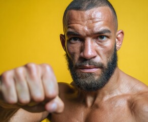 Close-up portrait of a muscular man, intensely focused,  with a clenched fist, set against a bright yellow background.