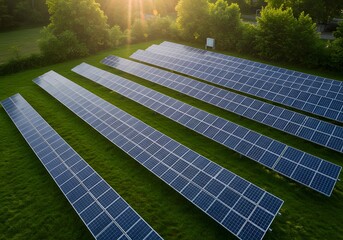 Aerial View of Solar Panels in a Green Field at Sunset, Renewable Energy, Sustainability.
