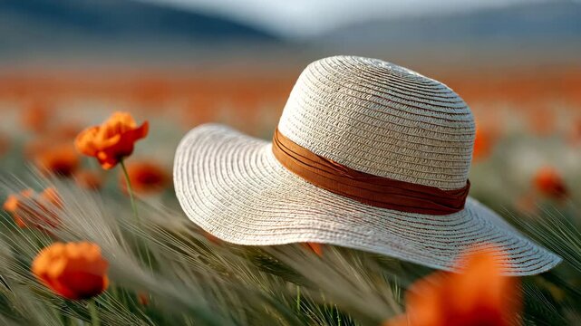 Straw hat in vibrant poppy field capturing tranquil spring breeze movement