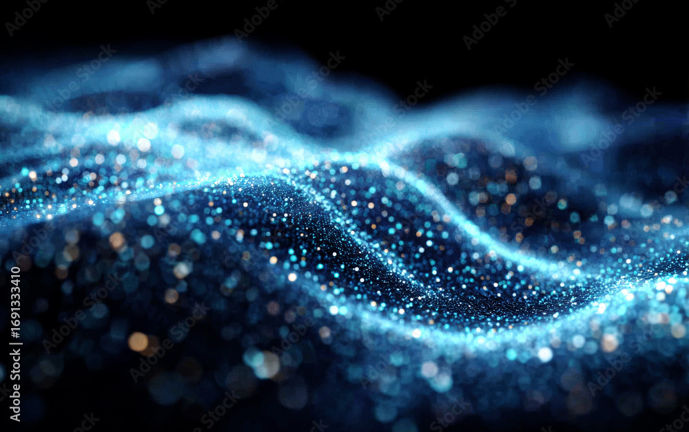 Poster abstract blue glittering particles creating wavy patterns