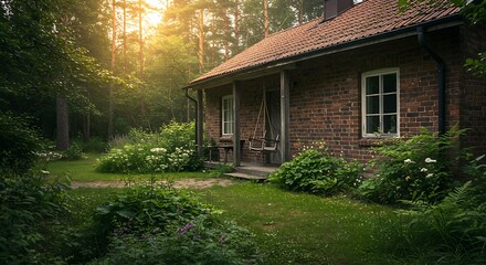 Stylish Exterior of a rustic house located in a Swedish forest retreat, featuring charming brickwork with lush green gardens. Perfect for Dream Living