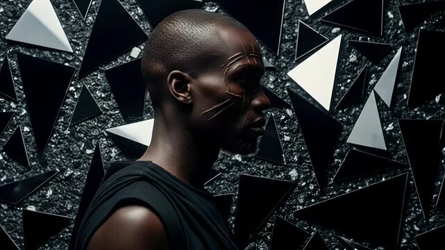 Intense African man profile with scarification, cinematic portrait with strong contrast and dramatic light. Perfect for strong identity concept, history, culture, fashion, social issues.