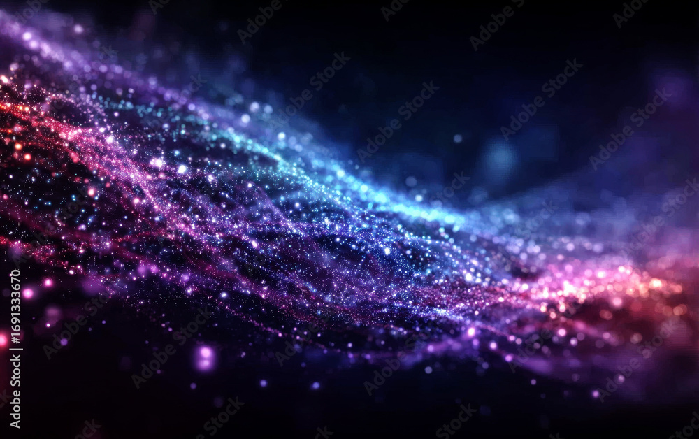 Poster colorful glowing particles forming a dynamic abstract pattern