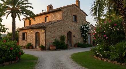 Naklejka premium Exterior of a rustic house located in the Italian countryside, featuring charming brickwork with tropical landscaping. Premium Home Exterior Inspiration