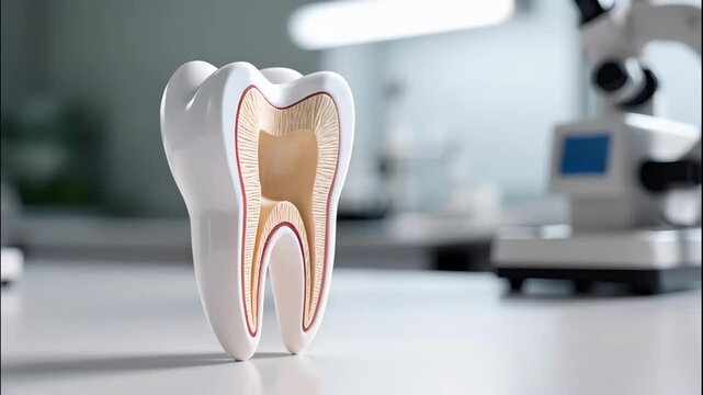 3D model of human molar tooth revealing internal anatomy for educational purposes. Detailed tooth structure shows inner layers and composition, emphasizing dental health education.