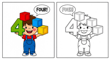 Fototapeta premium Coloring Pages Number Four with a Boy, Cubes, and Speech Bubble - Educational Coloring Fun
