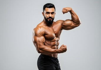Muscular Man Flexing Biceps, Bodybuilder Posing, Fitness Model, Athletic Body, Showing Strength and Physique.