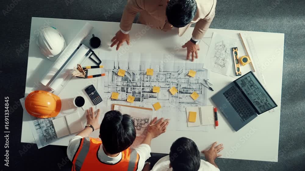 Poster time lapse of professional architect engineer team pointing and discussing about building constructi