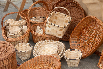 Wicker baskets displayed on the ground showing traditional craftsmanship