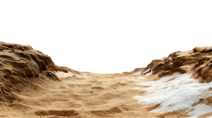 Sandy path winding through a desert landscape isolated on white background