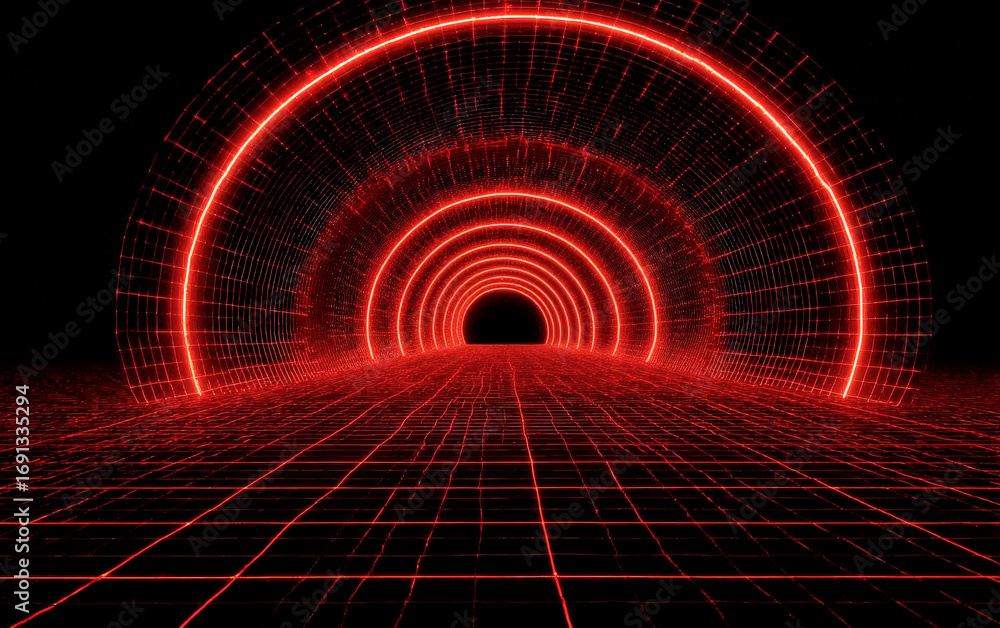 Aufkleber red glowing tunnel with grid lines and futuristic design