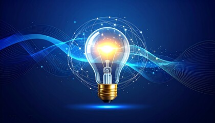 Glowing light bulb surrounded by abstract waves and connections