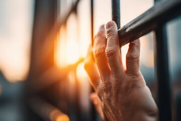 A symbolic image of a hand gripping a fence with a vibrant, golden hour sunset light.