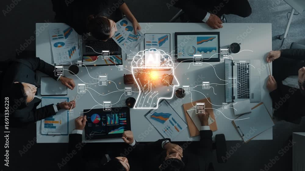 Poster a high-tech business meeting scene featuring professionals analyzing data, brainstorming innovative 