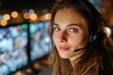 Engaged young woman with a headset looking at the camera, working remotely.