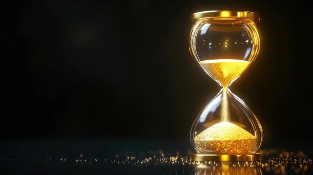 A gold hourglass with sand in it. The sand is falling out of the top of the hourglass