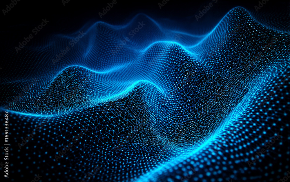 Poster dynamic blue particles forming wavy patterns in cyberspace