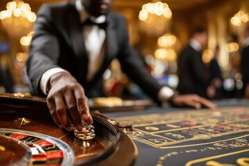Croupier's hand places chips on roulette table, luxury casino gambling.