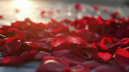 Red rose petals scattered in a pattern, possibly used for celebrations or religious ceremonies.