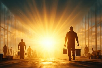 Fototapeta premium Silhouetted workers at a construction site with radiant golden sun.