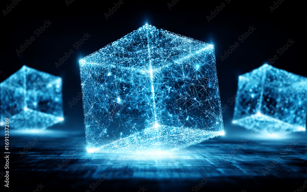 Poster abstract cubes with network connections in digital space
