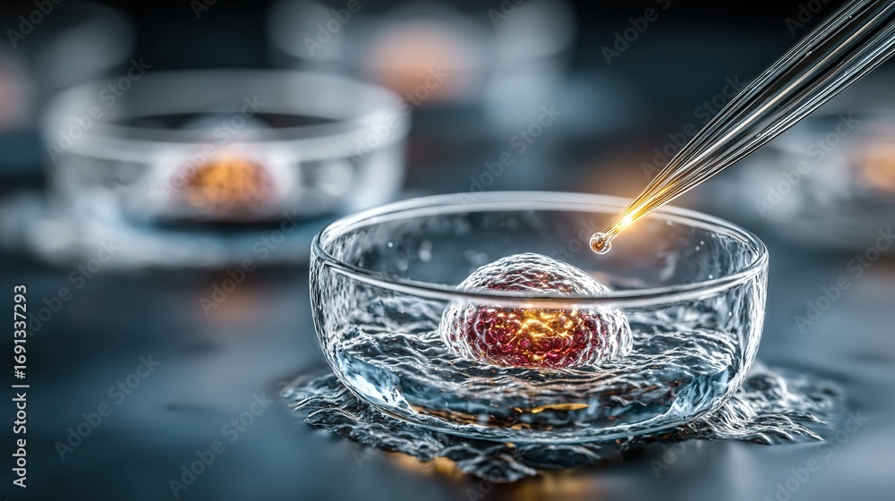 Poster cell in petri dish with pipette in laboratory setting science concept.