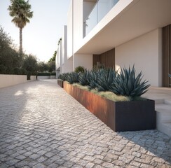 Modern driveway lined with a rust colored planter box holding lush agave plants, adjacent to a contemporary white building.