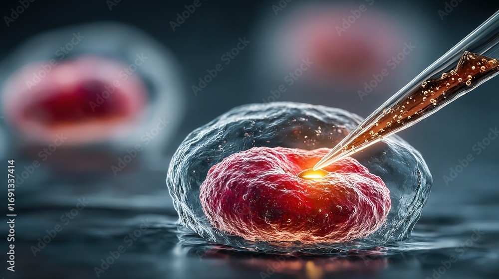 Poster microscopic view of cell being injected with a needle in a laboratory.
