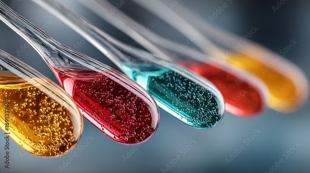 Poster spoons filled with colorful liquids arranged in a row blurred background.