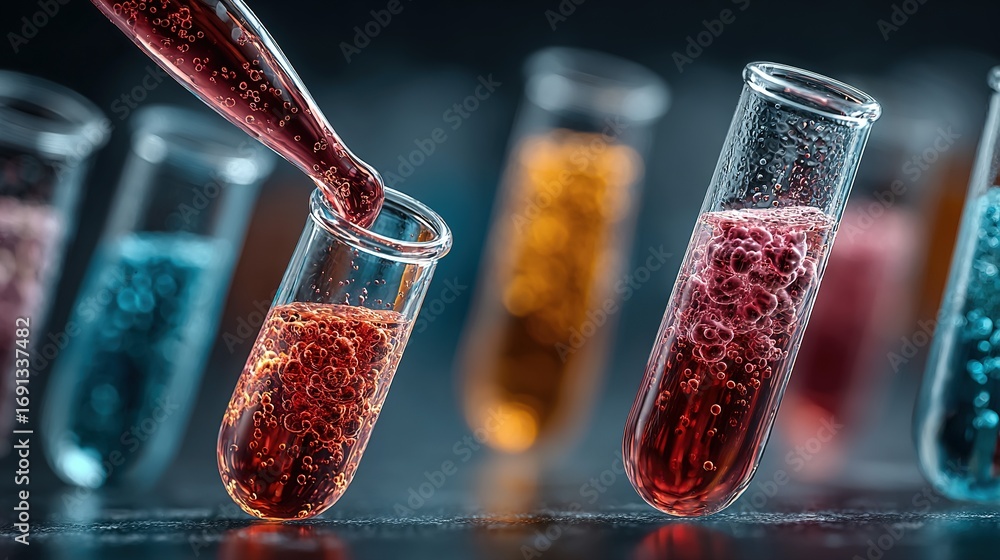 Poster test tubes with colorful liquids and a dropper in a laboratory setting.