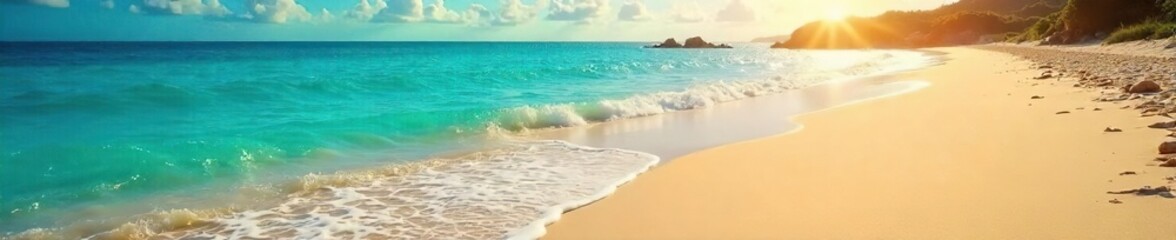 Fototapeta premium Golden sunlight bathes a pristine beach, sparkling turquoise water gently laps the shore, creating idyllic summer vibes Perfect for travel, vacation, or summer themes , holiday, texture