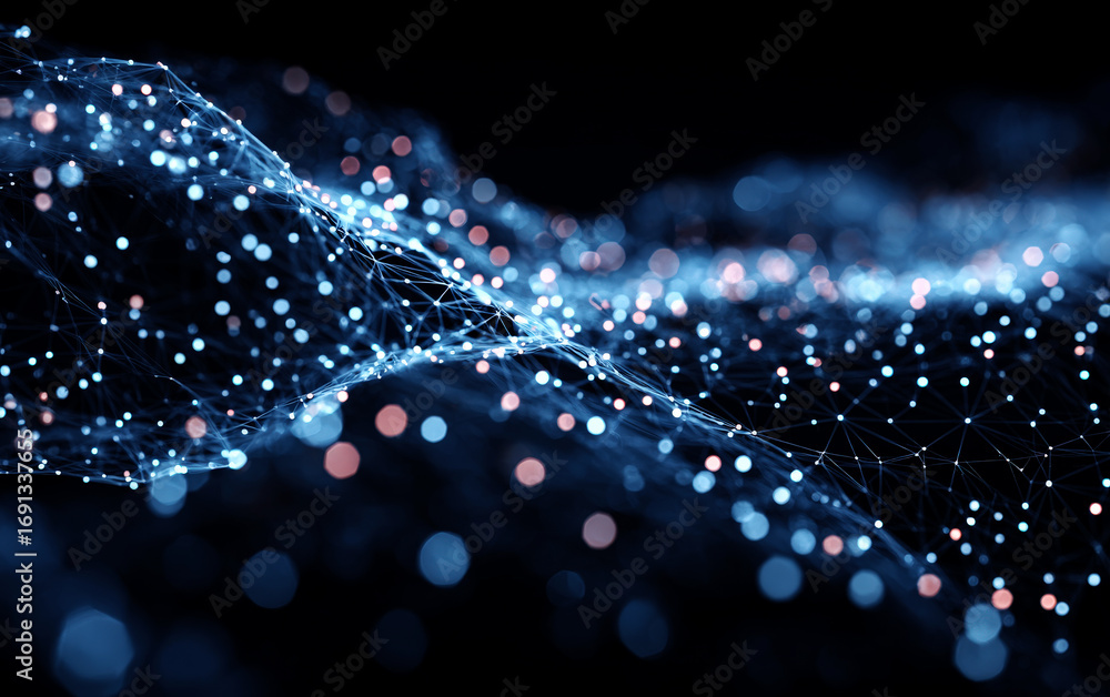 Poster abstract digital network with connecting nodes and blurred dots