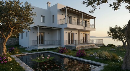 Stylish Exterior of a contemporary house located in a Greek island villa, featuring intricate iron railings with a tranquil koi pond. Perfect for Dream Living