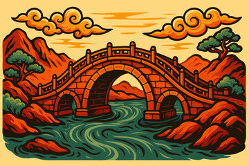 Ancient chinese bridge. Vibrant illustration of a stone bridge over flowing river with mountains  