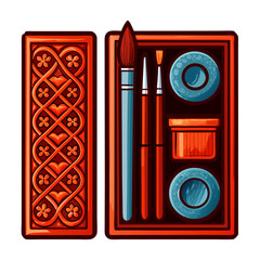 Chinese calligraphy tools set icon. Paint set with brushes and colors in a wooden box izolated  