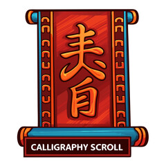 Chinese calligraphy scroll icon. Calligraphy scroll with decorative borders in vibrant colors. Red scroll with calligraphy izolated  