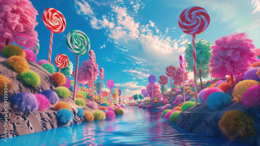 Poster a colorful candy land with a river running through it. the candy is in the shape of lollipops and is