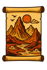 Chinese mountain landscape scroll icon. Illustrated mountain landscape on scroll with sun and river izolated