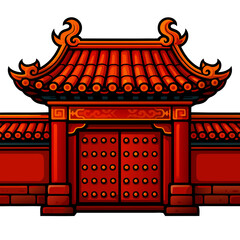 Chinese forbidden city gate icon. Traditional Chinese gate with ornate red roof design. Ornate gate of temple izolated
